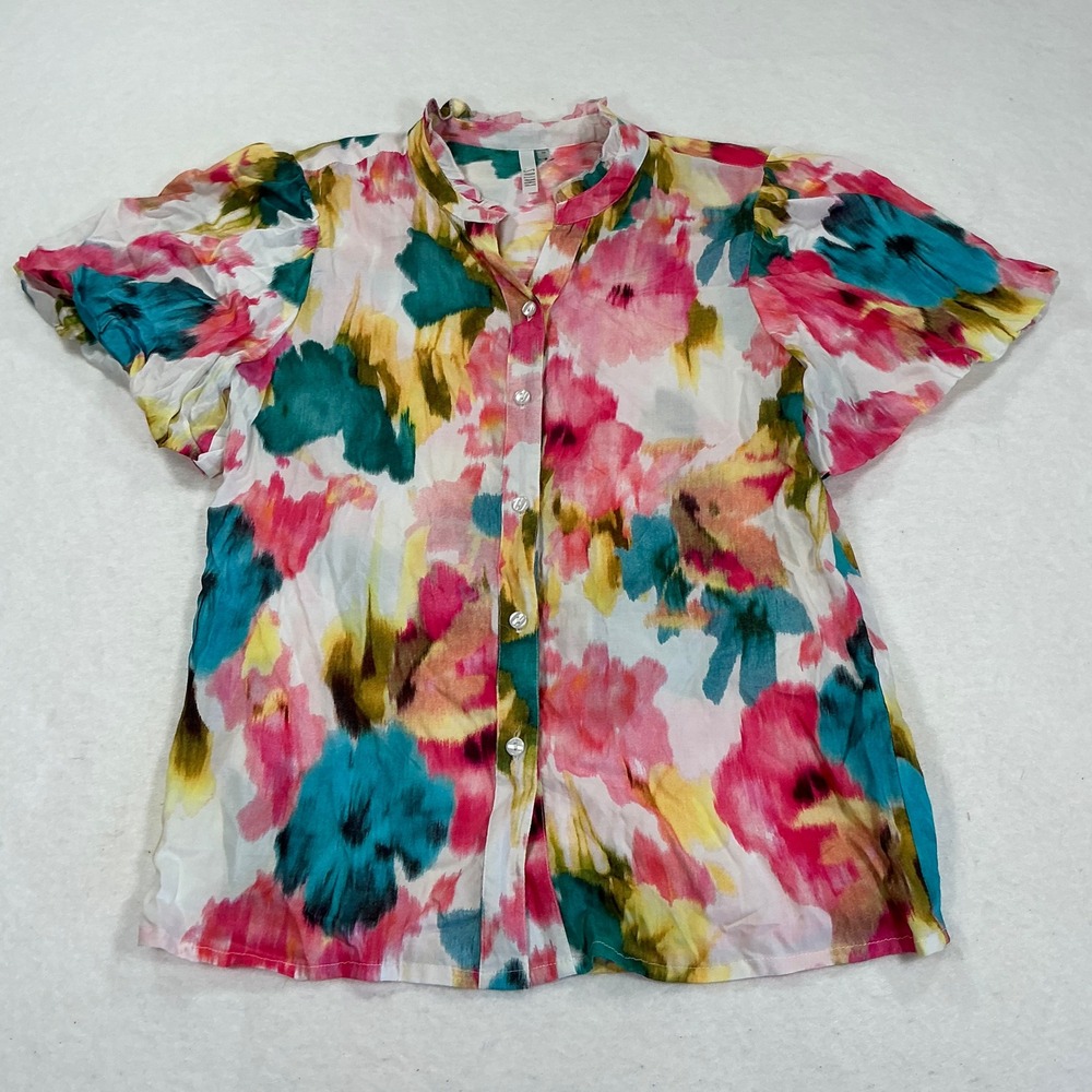 Kaktus Womens Floral Button Front Blouse Short Flutter Sleeve Pink Teal Small